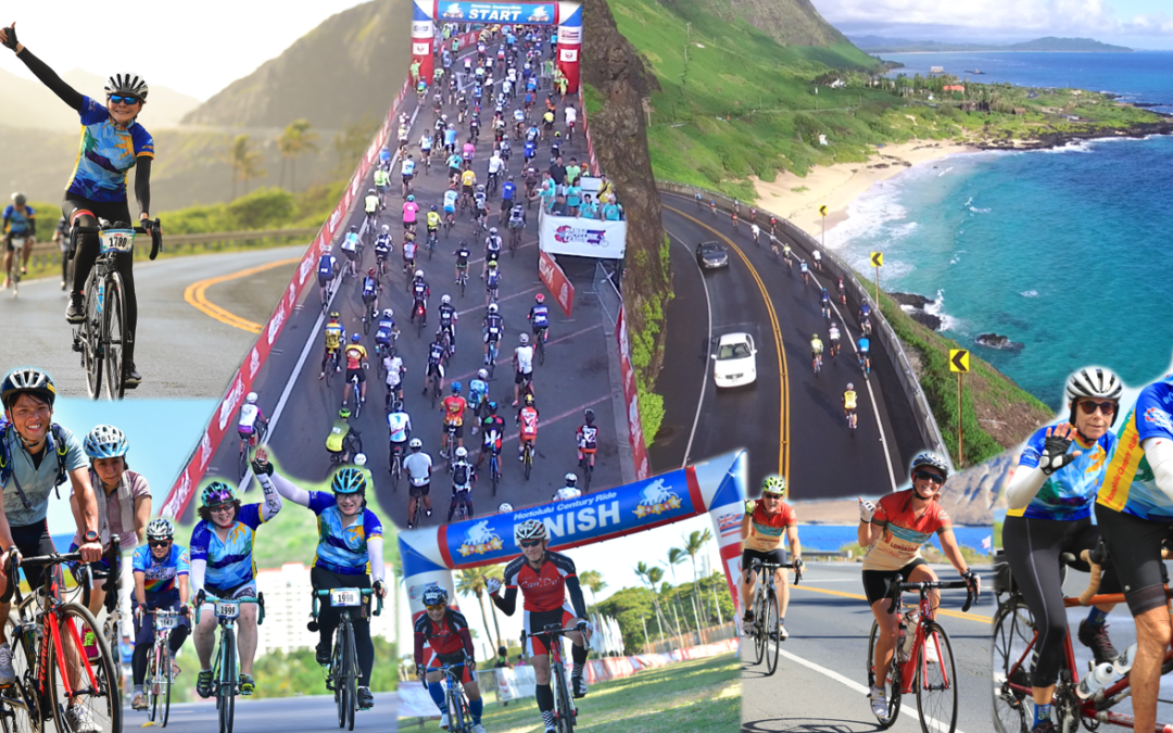This is a banner image for the Honolulu Century Ride. It shows a collage of photos of bicyclists all around the island.